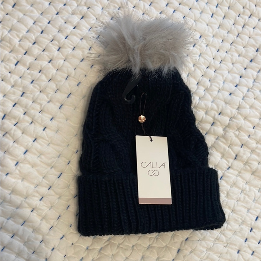 Calia Black Beanie with Gray Pom Pom
